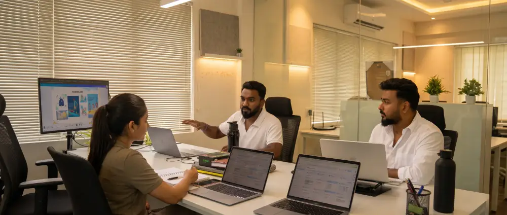 The We Market team working together at the Bengaluru office